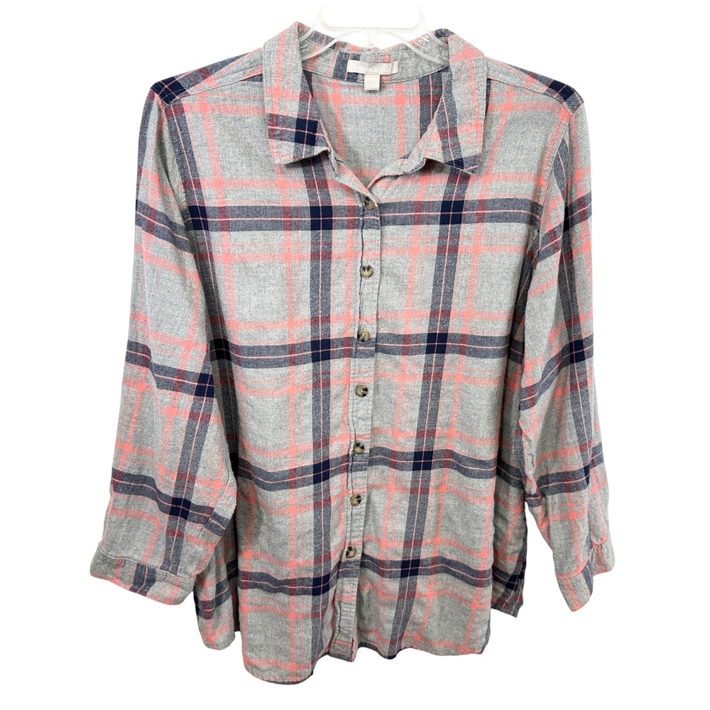 Woman Within Plus Size 22/24W Flannel Top 1X Pink Gray Plaid Button Down 112